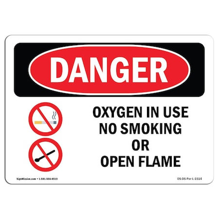 Signmission OSHA Sign, Oxygen In Use No Smoking Or Open Flame, 10in X 7in Rigid Plastic, 7" W, 10" L, Landscape OS-DS-P-710-L-1514